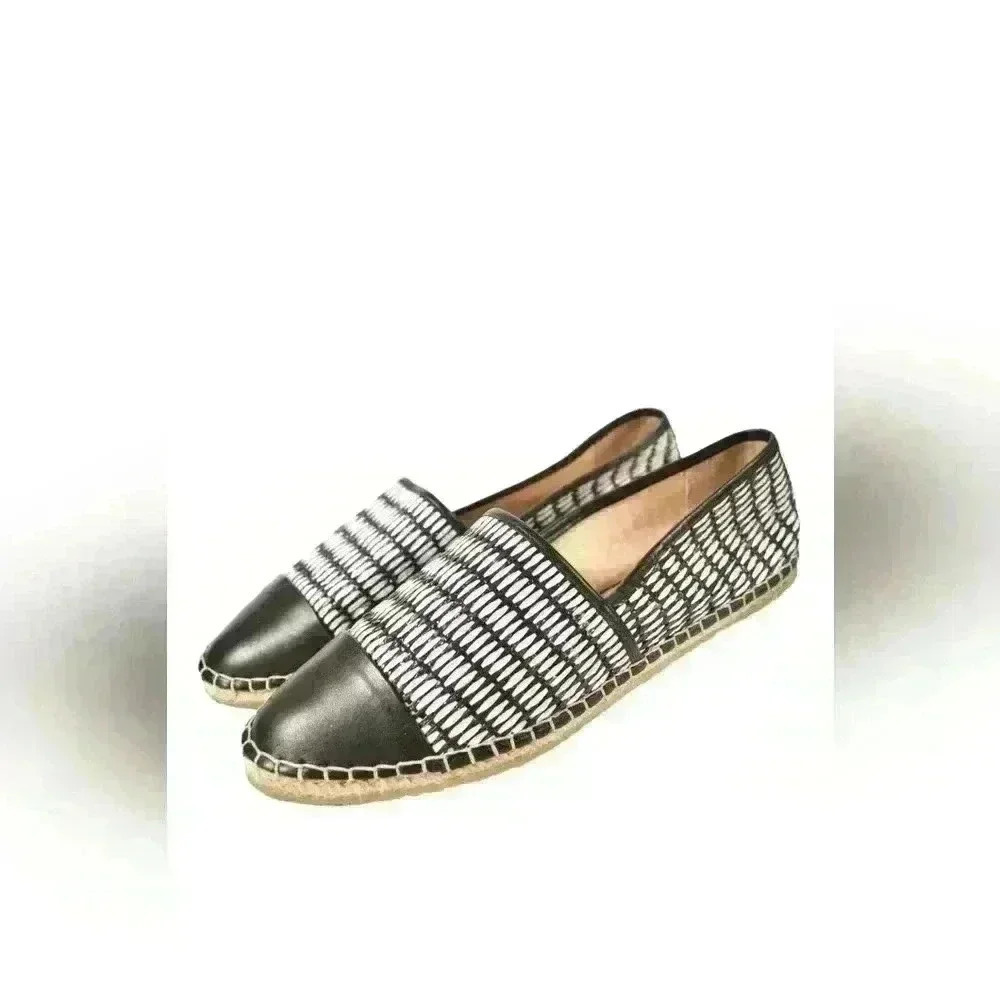 NWOB LOEFFLER RANDALL Black White Straw Jute Leather Espadrilles Flats 9US